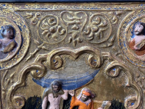 Renaissance - Painted, gilded and stuccoed cassone side panel, Tuscany 15th century 