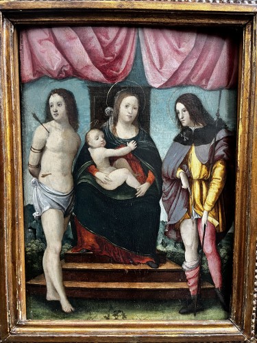 The Virgin and Child, Saint Roch et Saint Sebastian,Ferrara School, Italy - Paintings & Drawings Style Renaissance