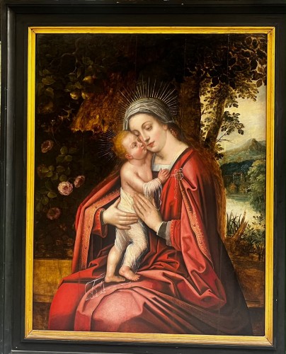 Vierge à l’Enfant au buisson de roses, Bruges 16e siècle attribuée à Willem Benson - Tableaux et dessins Style Renaissance