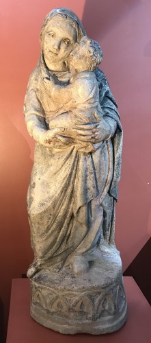 Vierge à L'enfant - Maternité en pierre calcaire,Italie du nord vers 1480 - Sculpture Style Renaissance