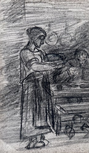 Paysanne dans la cuisine, fusain sur papier XIXe siècle
