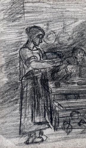 Peasant Woman in the Kitchen, 19th Century Charcoal on paper