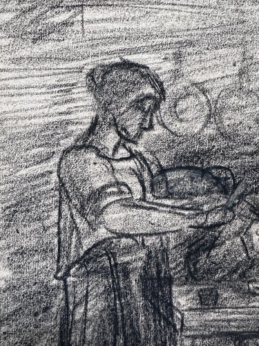 Peasant Woman in the Kitchen, 19th Century Charcoal on paper - Paintings & Drawings Style Napoléon III