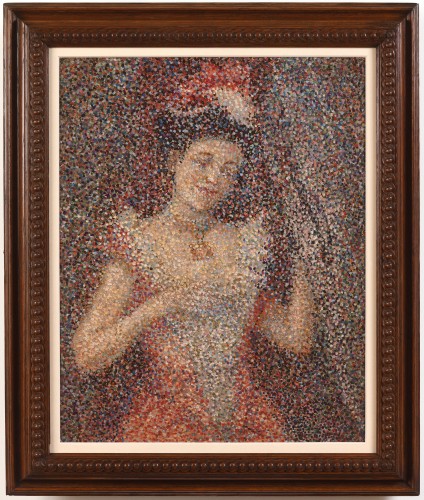 École pointilliste française, vers 1895 – Jeune femme au théâtre