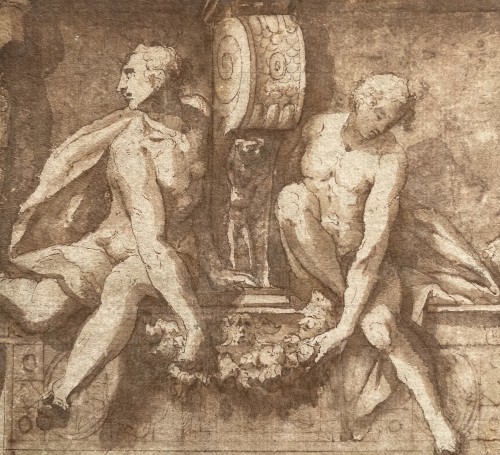 Attribué à Biagio Pupini, Deux captifs et trophée d’armes, vers 1535