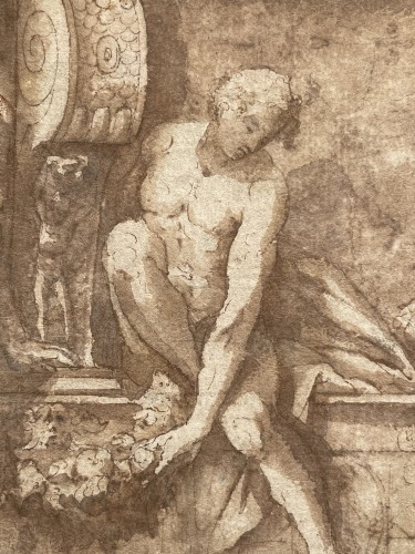 Attribué à Biagio Pupini, Deux captifs et trophée d’armes, vers 1535 - Tableaux et dessins Style Renaissance
