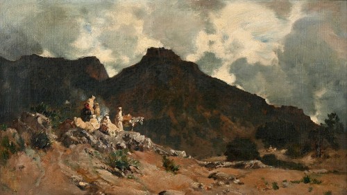 Gustave Flasschoen (1868-1940) Esquisse orientaliste voyageurs dans l’Atlas vers 1889