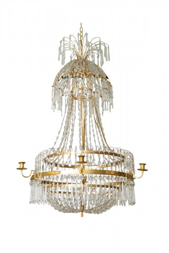 A large crystal chandelier with canopy
