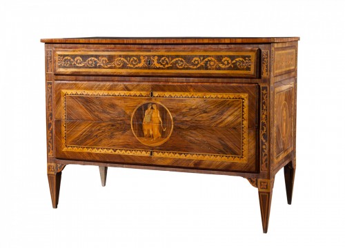 Commode italienne d'époque Louis XVI marquetée en divers bois