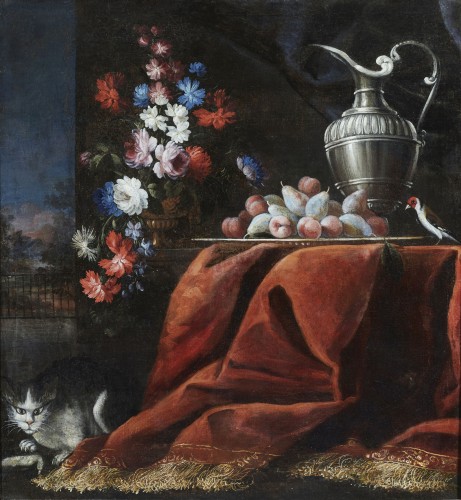 Still Life With Carpet, Flowers And Animals - 18th century Emilian School