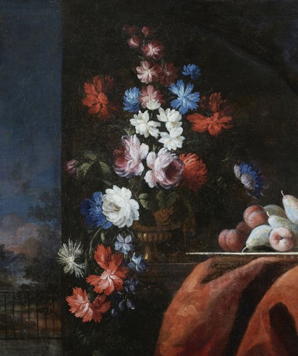 Still Life With Carpet, Flowers And Animals - 18th century Emilian School - 