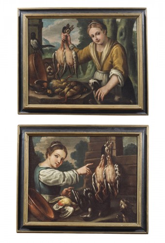 Pair Of Still Lifes With Animals And Characters, France 17th Century