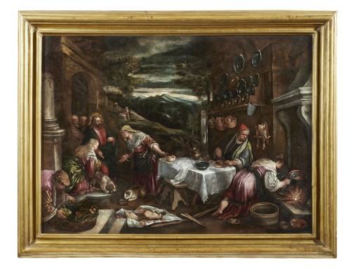 Le Christ dans la maison de Marie et de Madeleine - Francesco Bassano (1549 - 1592) - Tableaux et dessins Style Renaissance