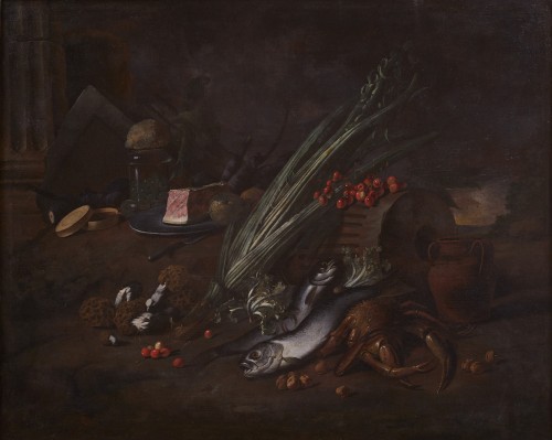 Nature morte composée de fruits, de légumes, de poissons, de crustacés et de jambon