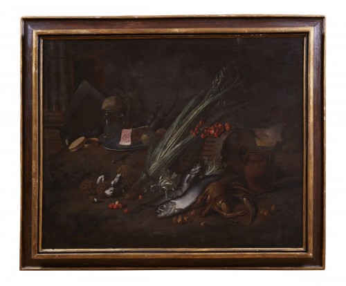 Still Life With Fruit, Vegetables, Fish, Shellfish, And Ham, 17th Century - Paintings & Drawings Style Louis XIV