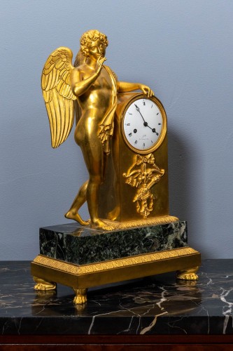 Pendule de cheminée Empire en bronze doré et marbre vert - Horlogerie Style Empire