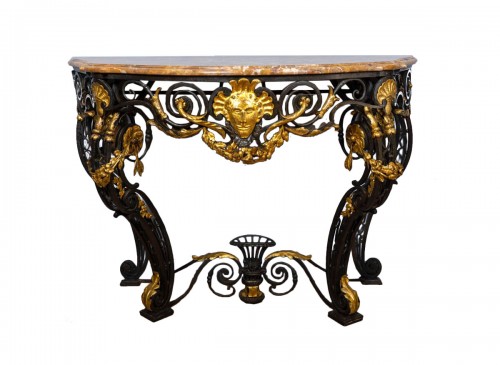 A Louis XV wrought iron, parcel gilt and sienna marble console table