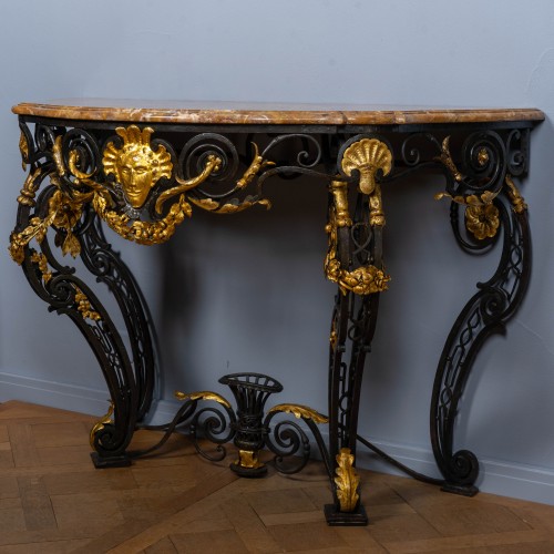Mobilier Console - Console Louis XV en fer forgé, doré et marbre de sienne