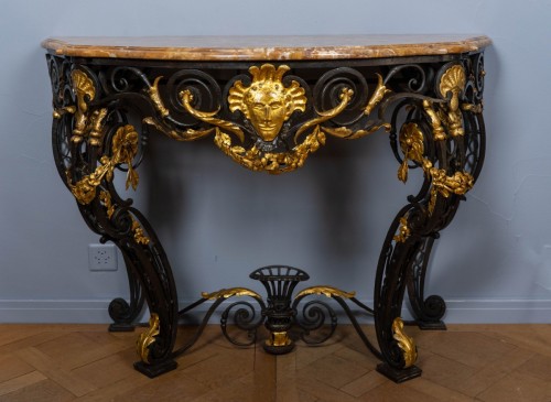 A Louis XV wrought iron, parcel gilt and sienna marble console table - 
