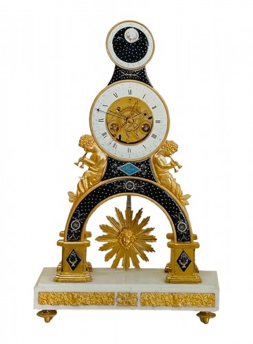 Directoire blue enamelled skeleton clock