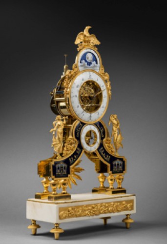 Horlogerie Pendule - Pendule squelette émaillée bleu d'époque Directoire