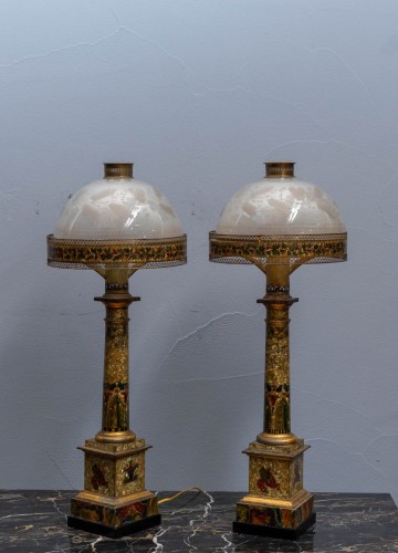 Paire de lampes à huile Empire en tôle peinte et polychrome - Luminaires Style Empire