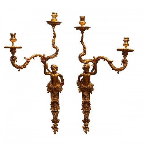 A Pair of Gilt Bronze Two-Branch Figural Wall Lights