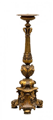 An Italian Baroque Gilt Bronze Mounted Blued Metal Picket Altar Candlestick