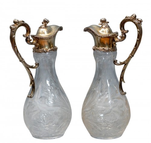 A Pair of Silver-Gilt Mounted Etched Glass Claret Jugs 
