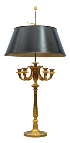 Lampe bouillotte Empire à cinq lumières en bronze doré, abat-jour en tôle verte