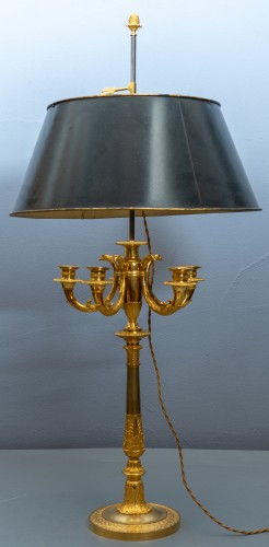 Lampe bouillotte Empire à cinq lumières en bronze doré, abat-jour en tôle verte - Richard Redding Antiques