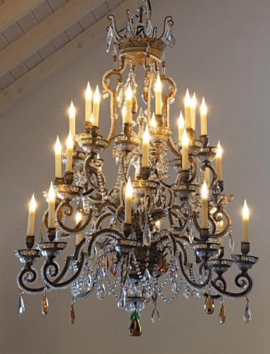 Lustre italien du XIXe siècle, en bronze doré et verre clair et coloré - Luminaires Style 