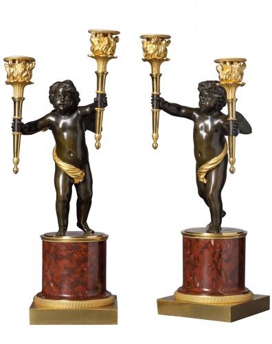 A pair of Empire gilt and patinated bronze and marble candelabra