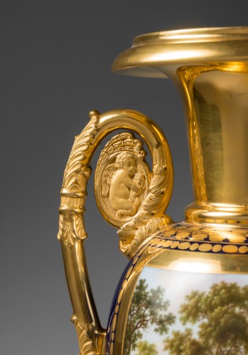 A pair of Restauration gilt and polychrome two-handled vases - 