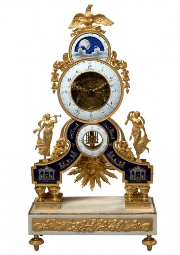 A Directoire gilt bronze, enamel  and white marble skeleton clock