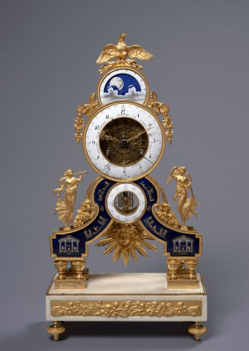 A Directoire gilt bronze, enamel  and white marble skeleton clock - Horology Style Directoire