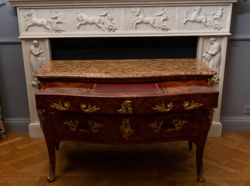 Furniture  - A Louis XV gilt bronze mounted bois de satiné commode en secrétaire stamped MIGEON