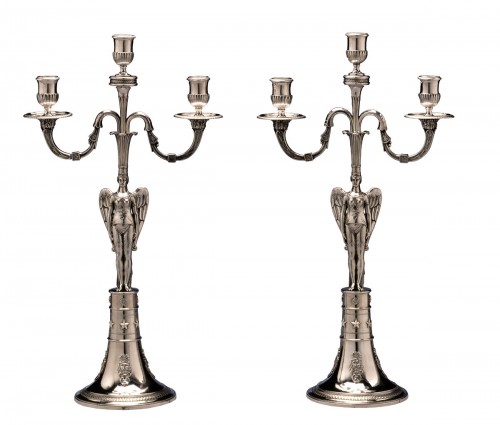A pair of Empire three light candelabra by Abel-Etienne Giroux