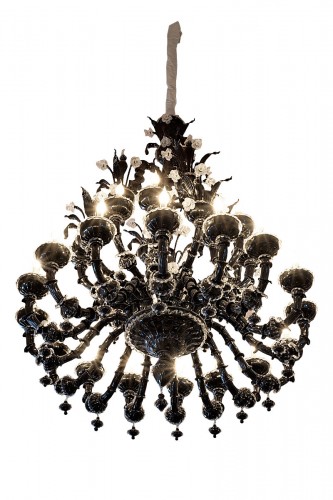 A black Murano glass chandelier with 36 lights