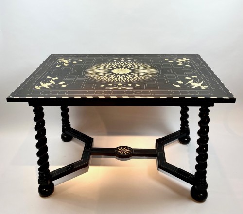 Furniture  - An 18th Century Central Table In Ebonized Wood And Inlaid With Bone.