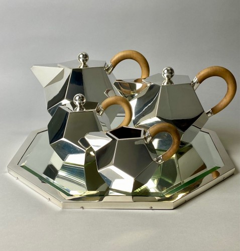 A rare mid-20th century modernist silver and wood coffee and tea service. - 