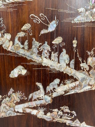 Antiquités - Grand écran Chinois en bois et nacre