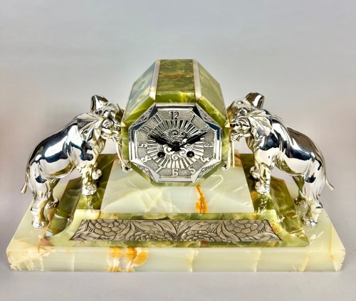 French Art Deco Onyx &amp; silver plated Elephant Clock Garniture by Japy Frère - 