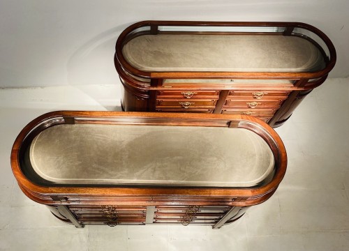 Antiquités - Pair of Mahogany Art Nouveau display counters with Glass Vitrines