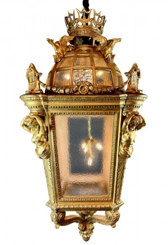 A Large Monumental Lantern In Gilded Wood - Italy Late 19th Century. H170cm