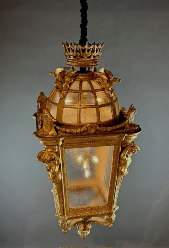 A Large Monumental Lantern In Gilded Wood - Italy Late 19th Century. H170cm - Lighting Style Napoléon III