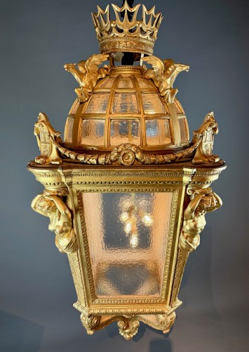 A Large Monumental Lantern In Gilded Wood - Italy Late 19th Century. H170cm - Napoléon III