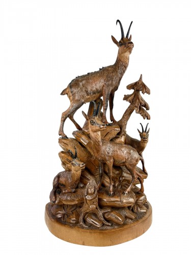 Groupe de chamois sculpté en noyer, Forêt-Noire fin XIXe siècle