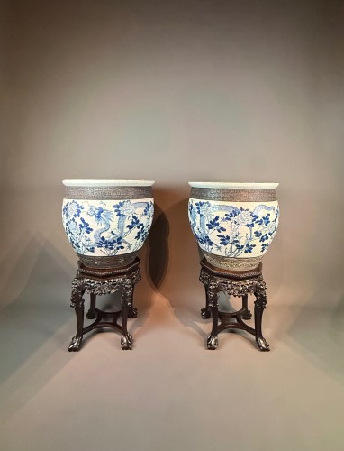 Asian Works of Art  - Important Pair Of Nanking Cachepots With Their Carved Wooden Stands