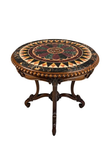 Table "Grand Tour" avec plateau circulaire en marqueterie de marbres